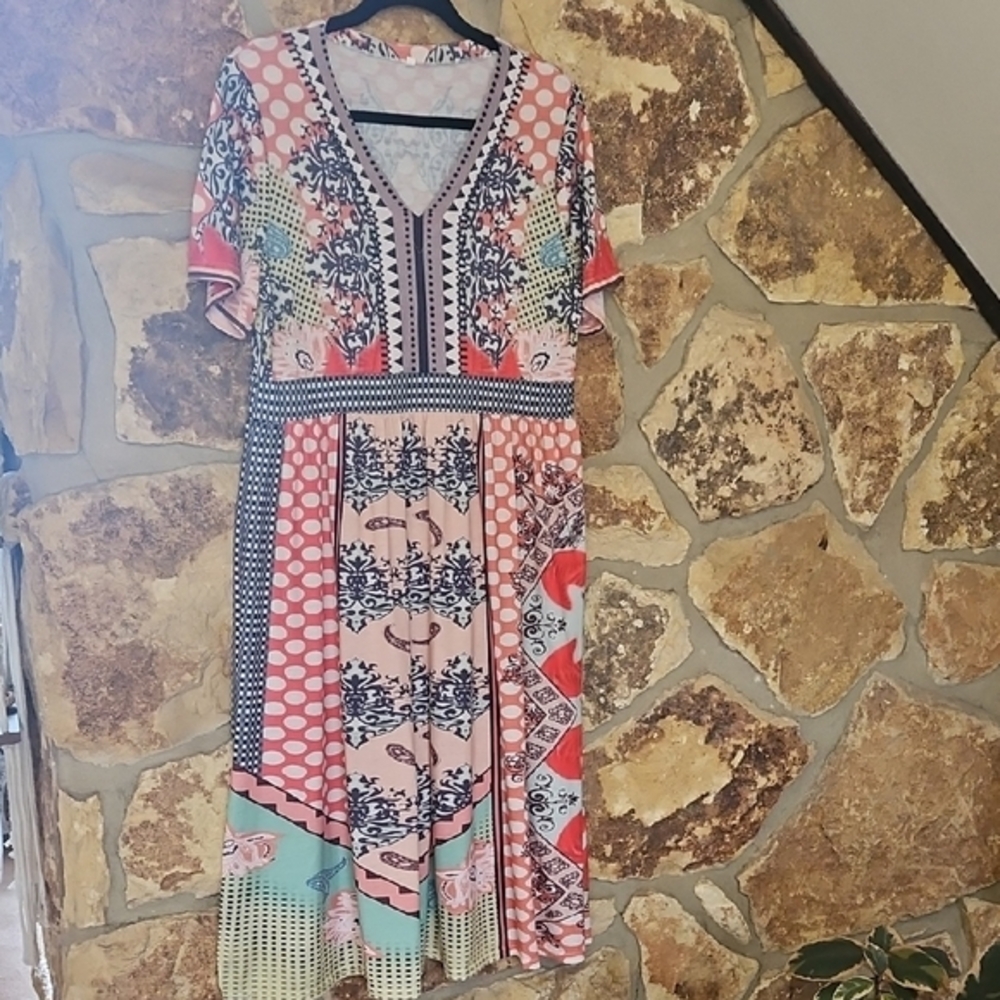 Multicolor Patterned Women's Split Bottom Dress‎ Sz L
